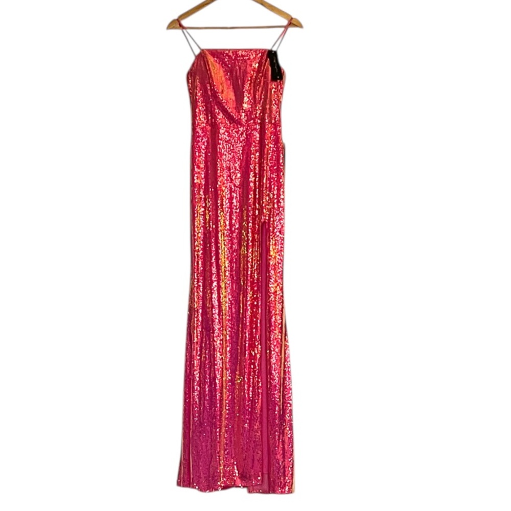 City Triangles Sequin prom dress ball Pink Rose Gold Jovani Lulus Iridescent 7
